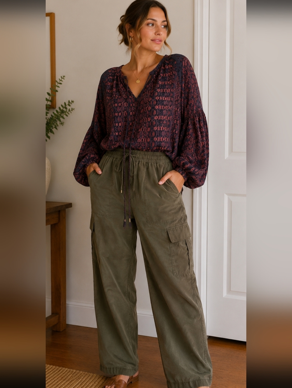 Women's Olive Cargo Wide-Leg Pants. Roan + Ryan Animal Print Blouse Set
